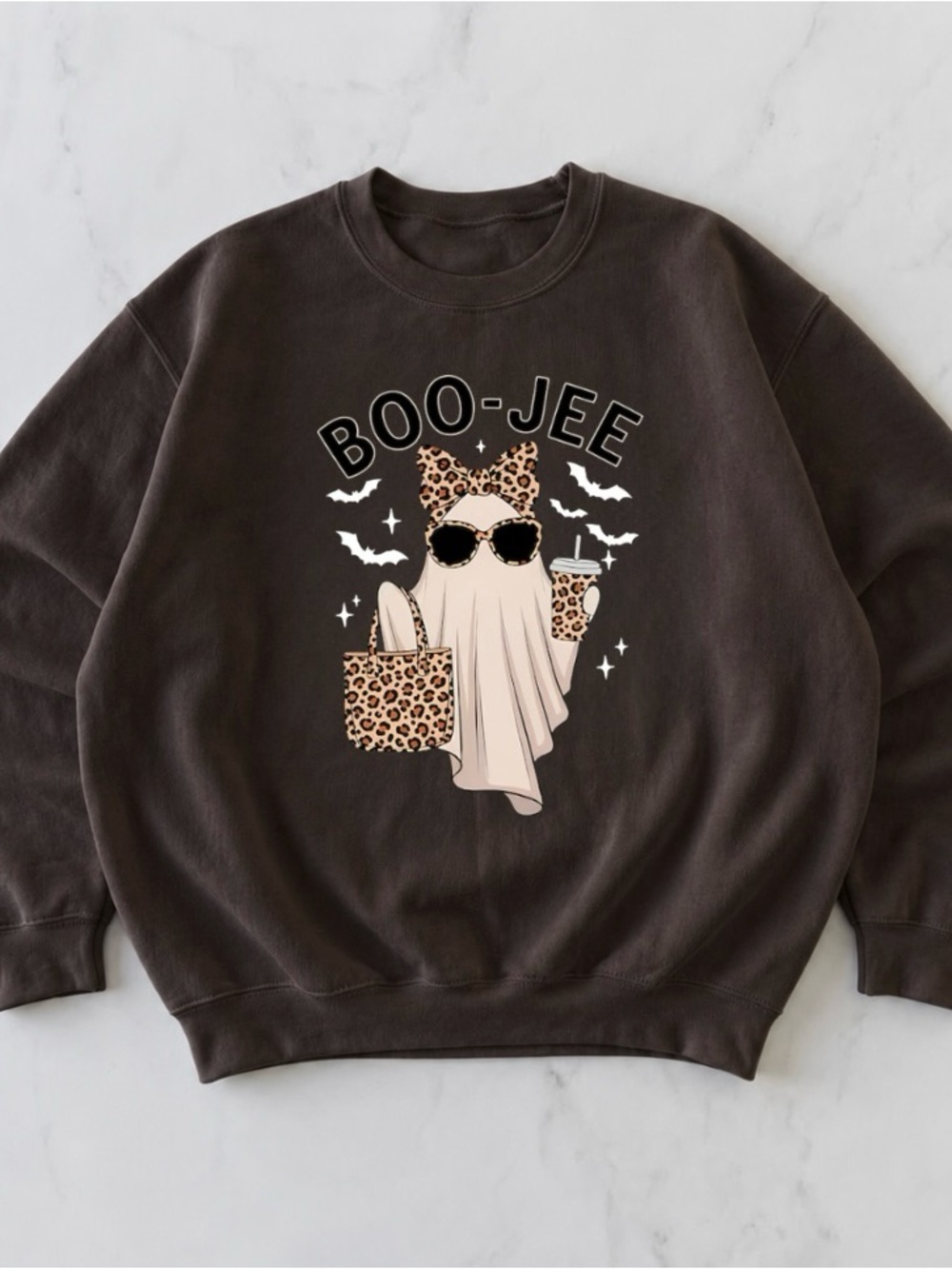 Leopard Boo Jee Ghost Coffee Halloween Sweatshirt - Gildan 18000